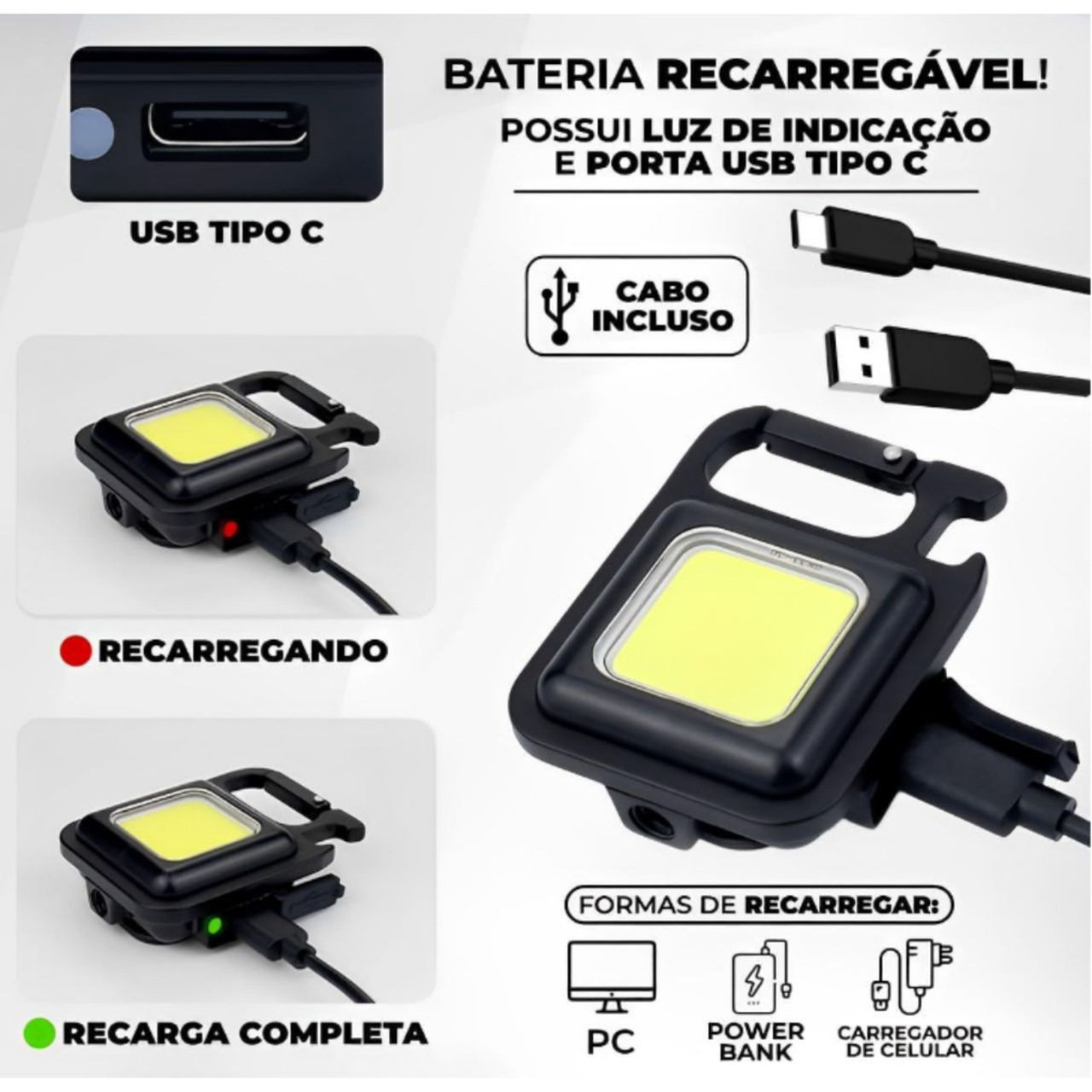 Mini Lanterna com LED 4 modos de luz, com abridor de garrafa e chaveiro - Imagem 3